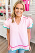 Stripe Ricrac Trim Split Neck Striped Ruffled Sleeve Blouse